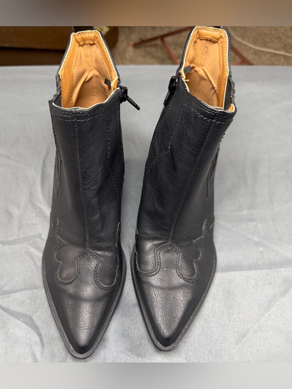 Indigo Black Leather Ankle Booties with Stacked Heel - Picture 2 of 7
